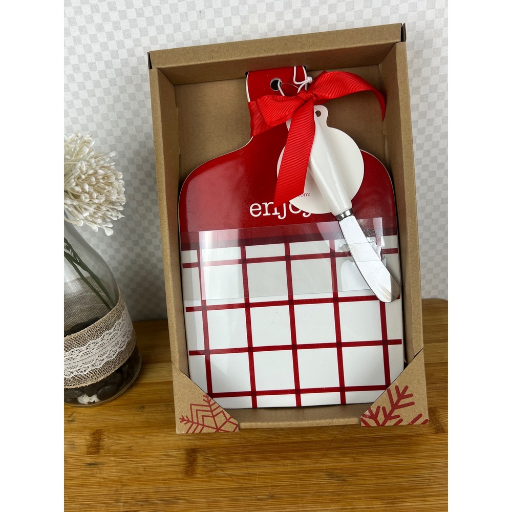 Sam's West Ceramic Serving Board with Spreader Red White Plaid Christmas Gift